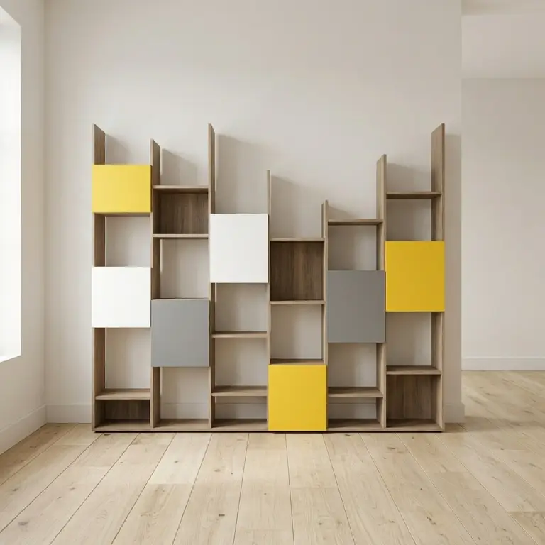 Asymmetrical coloured bookcase