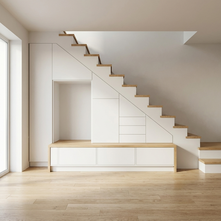 Meuble d'entrée sous escalier avec assise sur mesure
