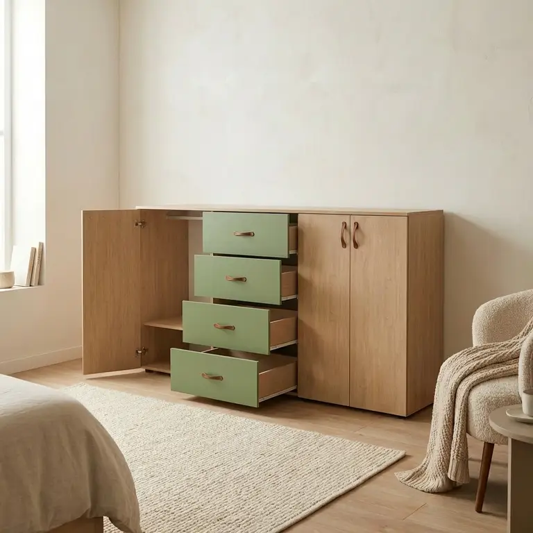 Commode op maat met kledingstang, lades en uittrekbare planken