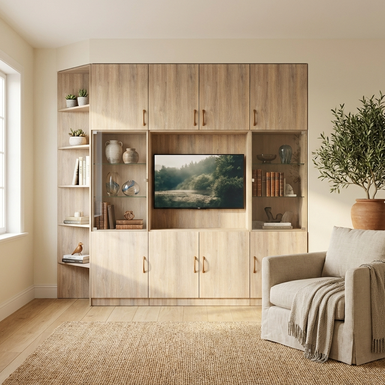 Custom TV cabinet with glass doors and corner shelves - Vue 4