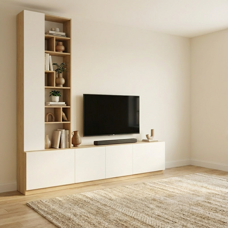 Aménagement TV sur mesure avec meuble bas et colonne