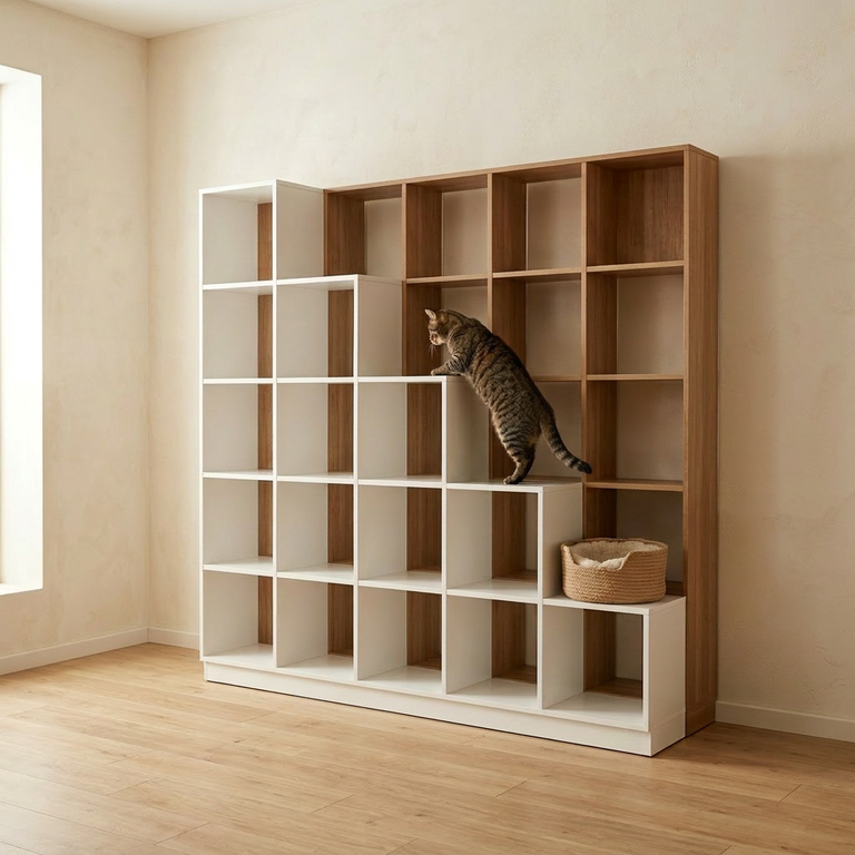 Bibliothèque sur mesure à cases pour chat