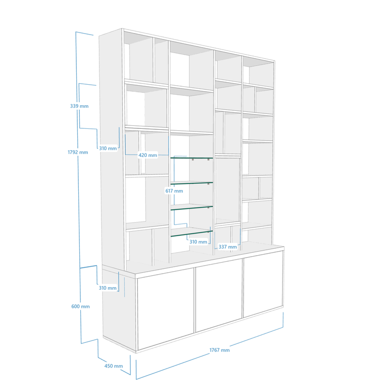 Bibliothèque à profondeur variable avec étagères en verre - Vue 4