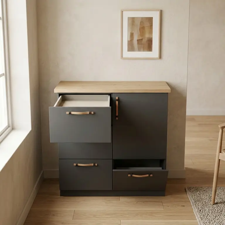 Charcoal grey chest of drawers with wooden top