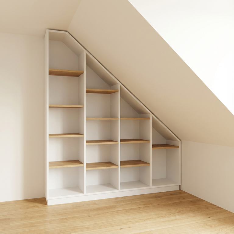 Bibliothèque sous pente blanche avec étagères en Chêne de Lindberg, pente à droite