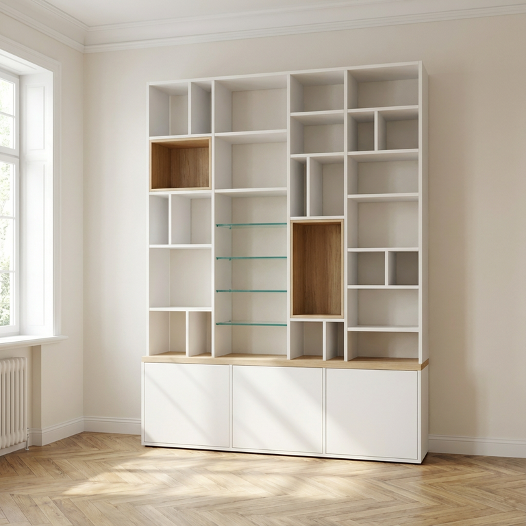 Bibliothèque à profondeur variable avec étagères en verre