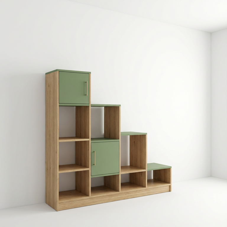 Bookcase claustra in the form of a colorful staircase