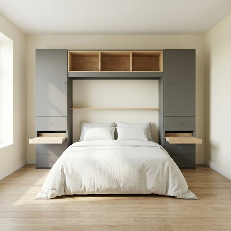 Bed bridge wardrobe with clothes rail, customizable storage space