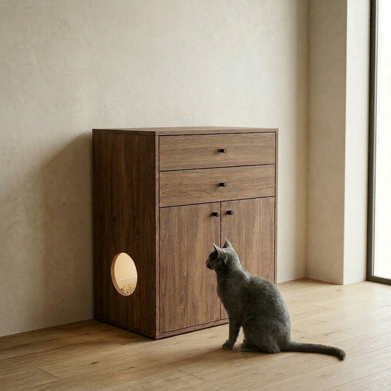 Meuble sur mesure cache-litière pour chat