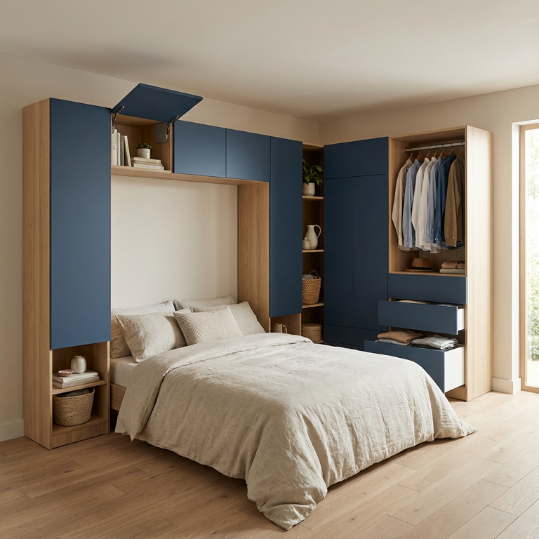 Agencement chambre avec dressing et pont de lit sur mesure