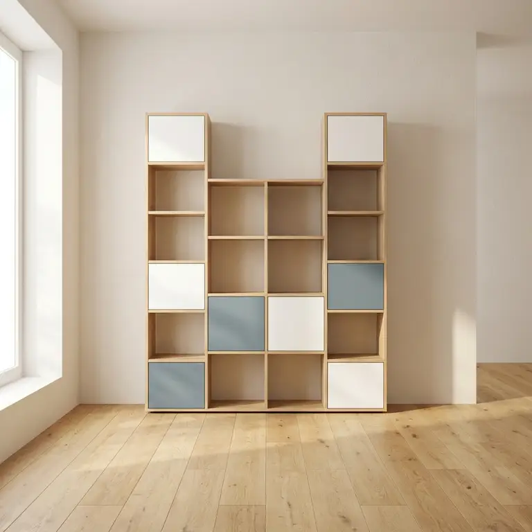 White and blue room divider of variable height 
