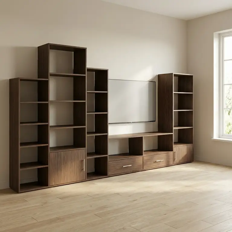 Custom bookcase TV stand of variable height with storage space 