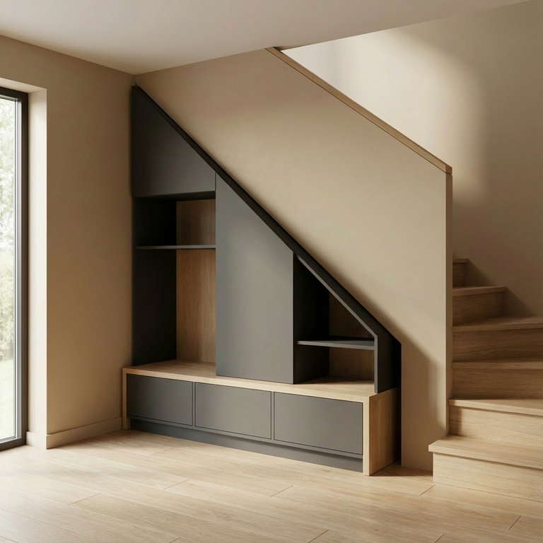 Gray and wooden hall cabinet under staircase