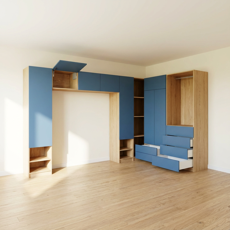 Agencement dressing avec pont de lit sur mesure