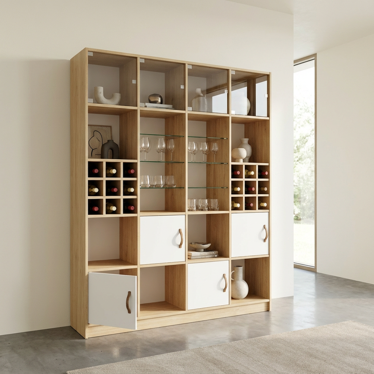 Bibliothèque cave à vin avec portes en verre et étagères en verre à configurer sur le configurateur 3D