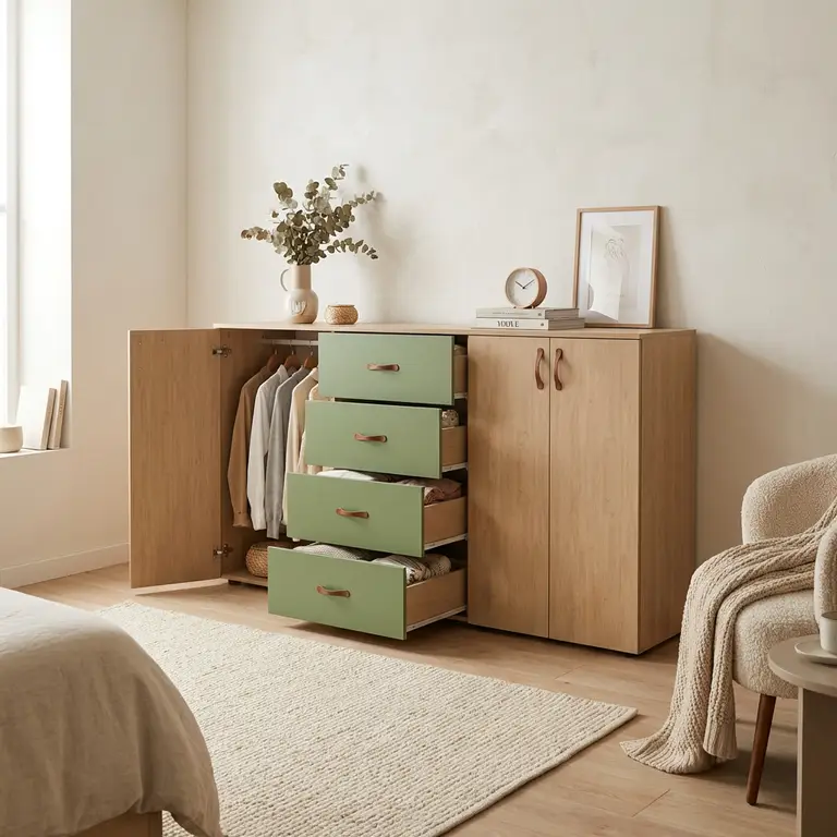 Commode avec tiroirs, penderie et tablettes coulissantes