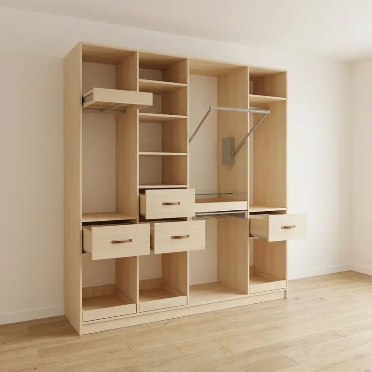 Aankleedkamer op maat met kledingstangen en uitschuifbare planken