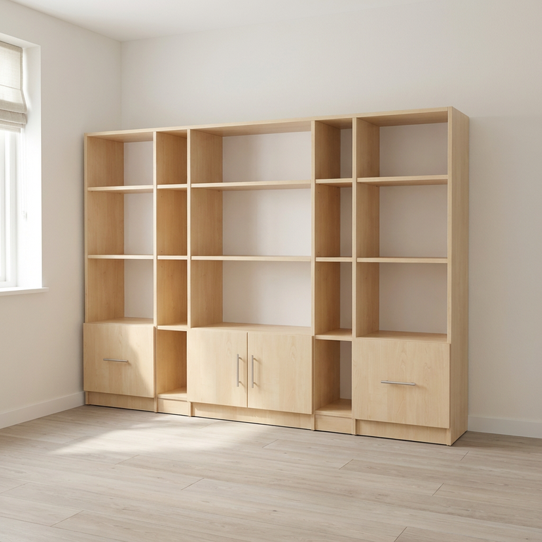 Grande bibliothèque 5 colonnes avec placard et tiroirs