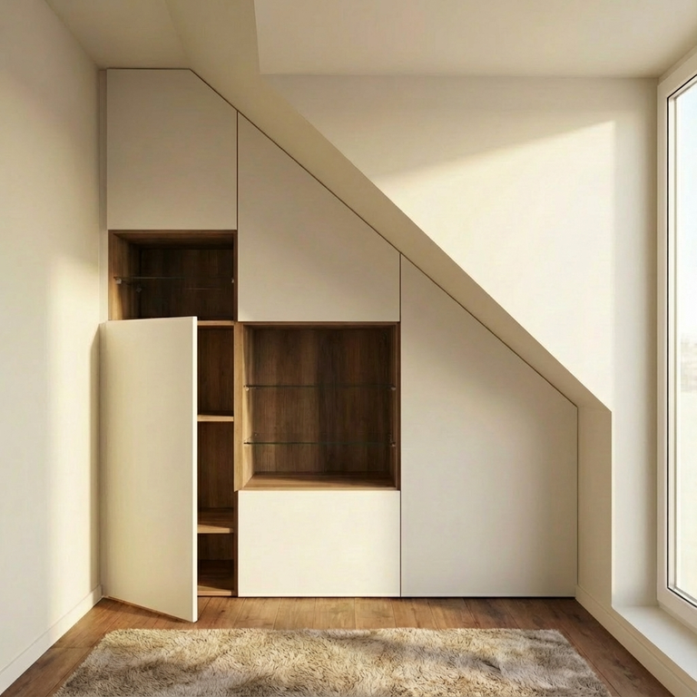 Meuble sous pente avec niches et étagères en verre