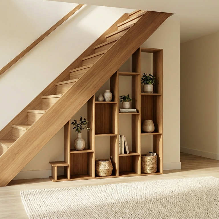 Meuble sous escalier destructuré bois foncé