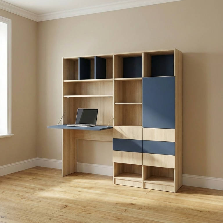 Bureau secrétaire multifonction avec tiroirs et placard
