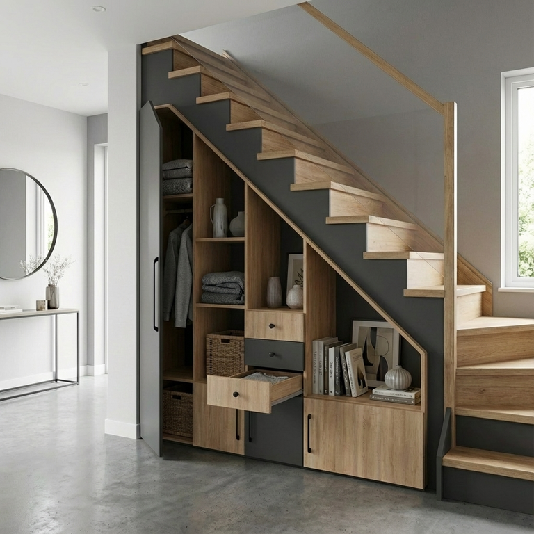 Meuble sous escalier avec niches bicolore gris et bois 