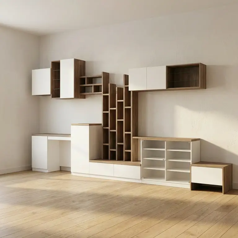 Moderne, modulaire woonkamerinrichting : op maat gemaakte boekenkast, bureau en opberging