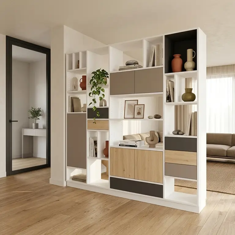 Bibliothèque claustra avec rangements modulables