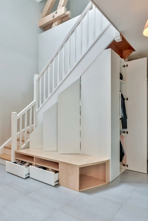 Cabinet under the stairs with bench