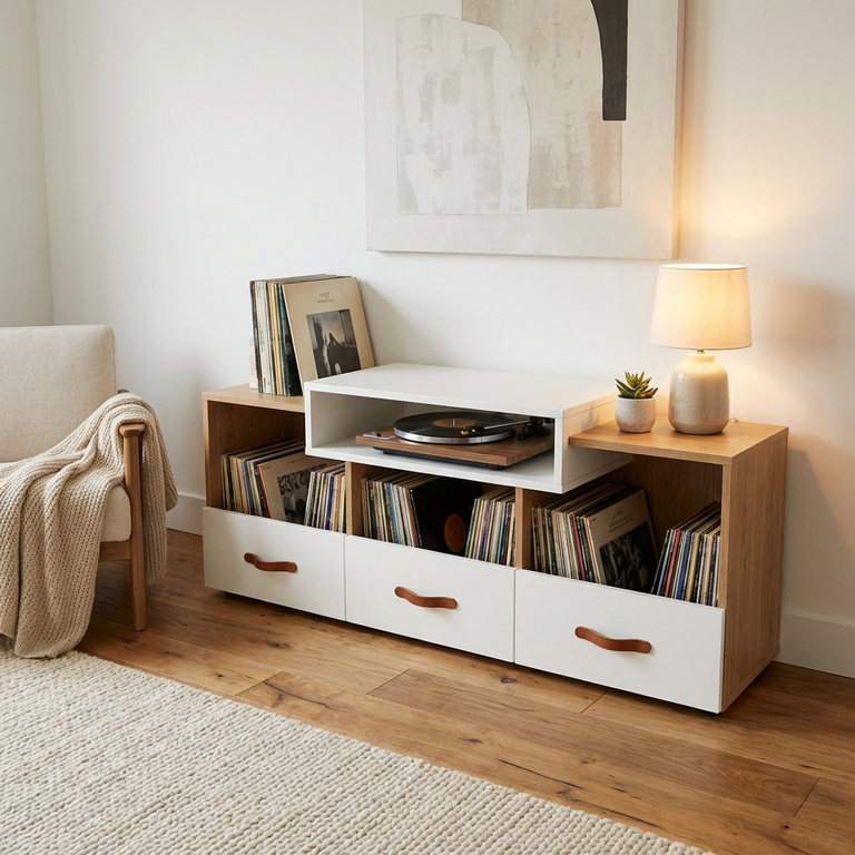 Witte, eiken platenkast op maat met een platinum nis
