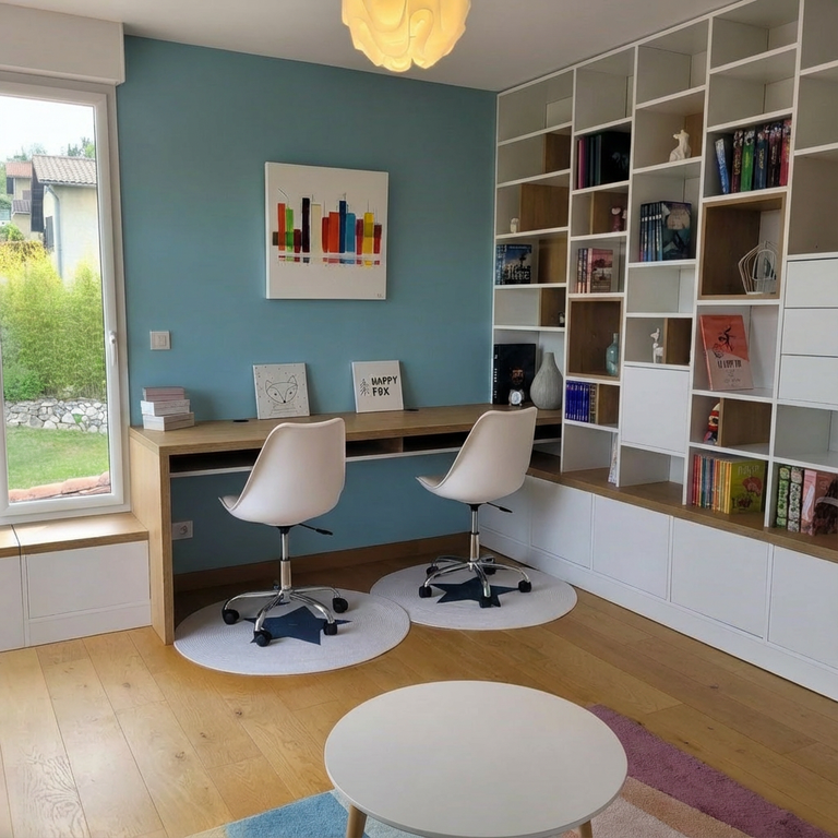 Aménagement sur mesure en angle multifonction en 3D avec bureau, rangements et bibliothèques