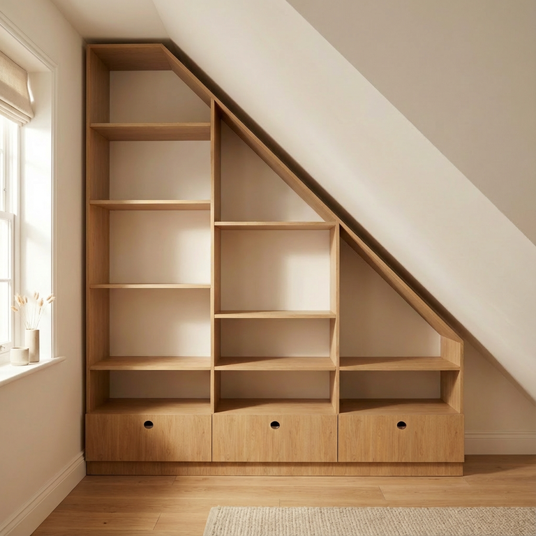 Bibliothèque en sous pente chêne de pierre avec abattant secrétaire