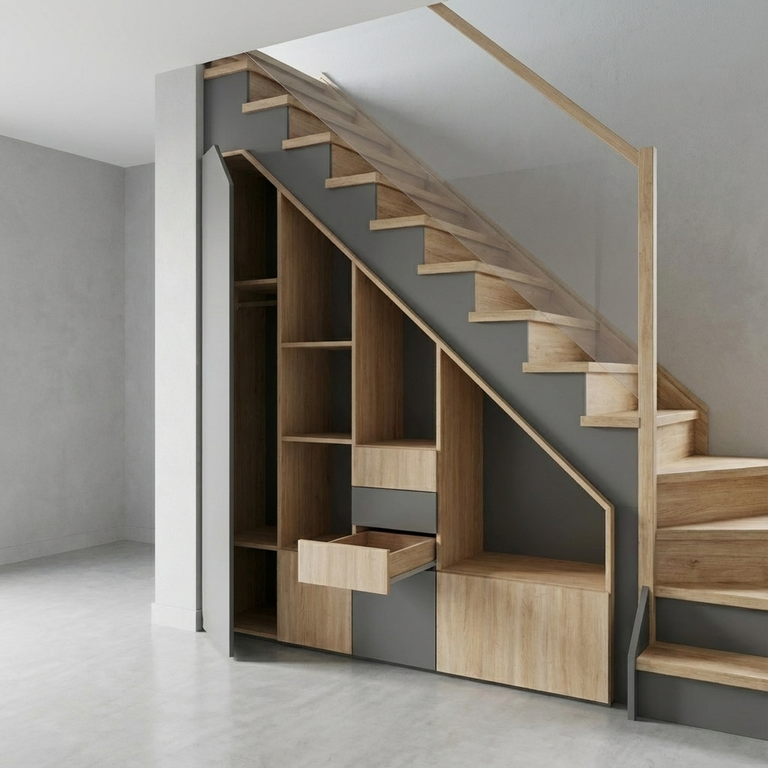 Meuble sous escalier avec niches bicolore gris et bois