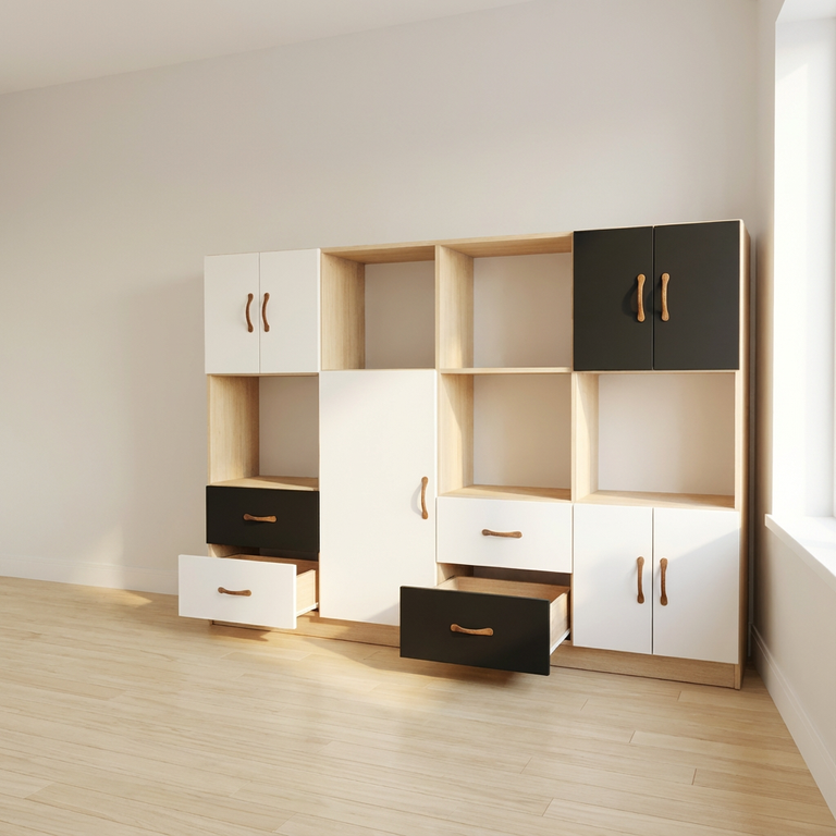 Buffet avec bibliothèque, portes et tiroirs sur mesure