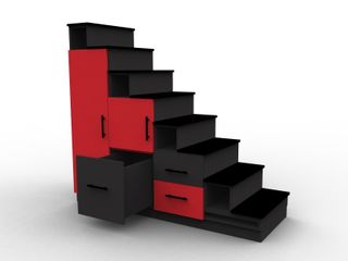 Meuble escalier rouge et noir avec portes et tiroirs
