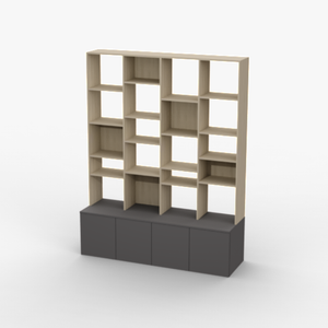 Custom double depth wood and gray bookcase