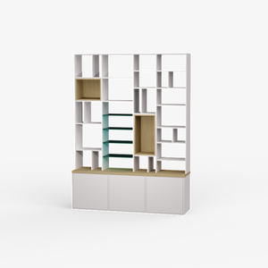 Variable depth bookcase with Glass shelves