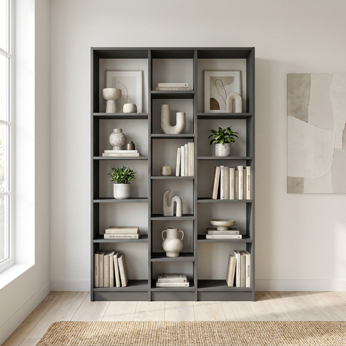 Anthrazitgraues Bücherregal mit 3 Pfosten und Regalen