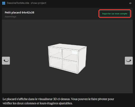 Résultat dans Claude : un petit placard 64x42x38 cm affiché en 3D interactive avec le bouton Importer sur mon compte