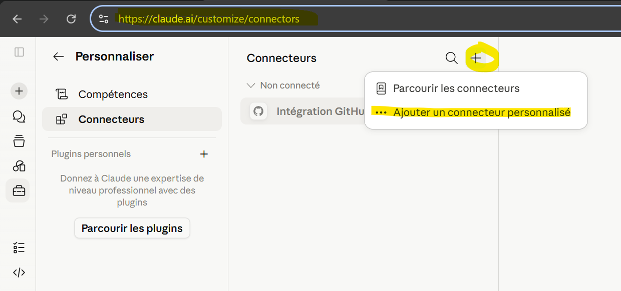 Claude interface — Connectors section with the Add custom connector button