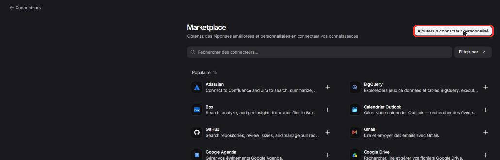 Marketplace des connecteurs Mistral avec le bouton Ajouter un connecteur personnalisé