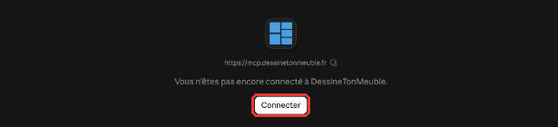 Fiche du connecteur DessineTonMeuble dans Claude avec le bouton Connecter