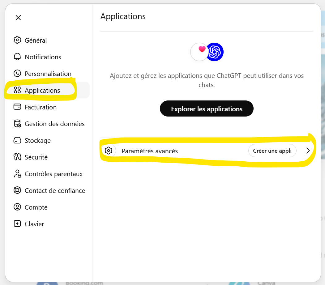 ChatGPT settings — Apps section, Advanced settings button and Create app