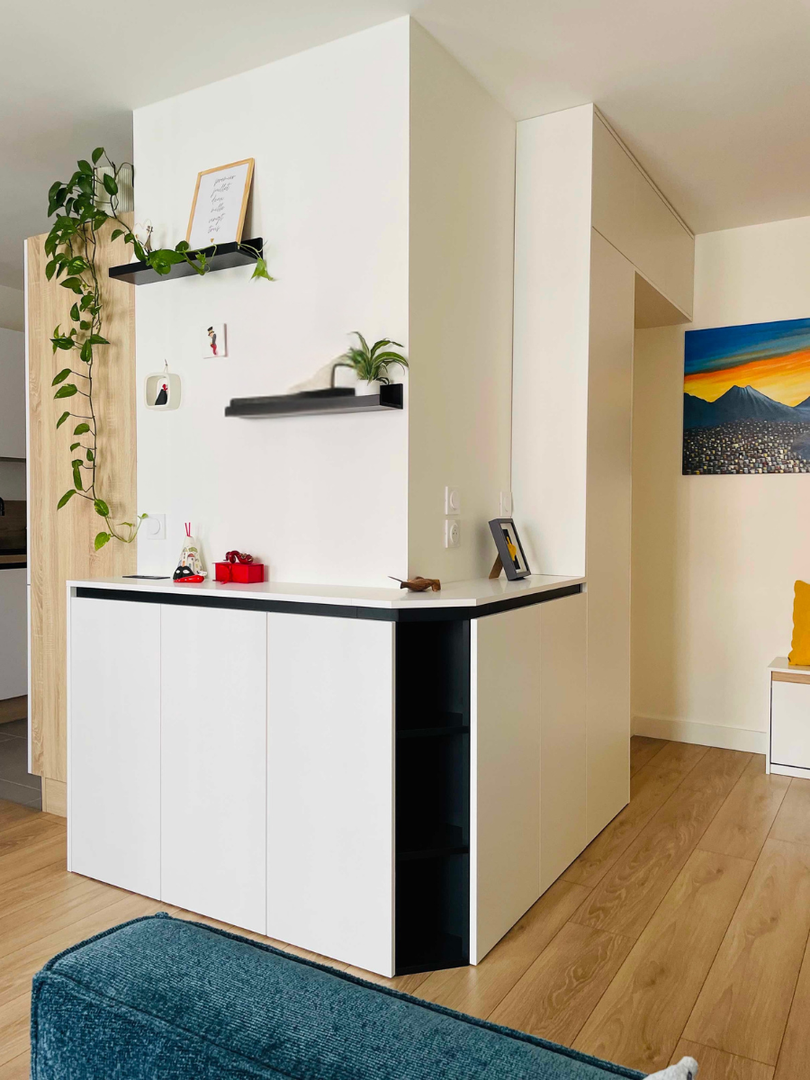 Custom corner furniture with top and bottom storage for entryway