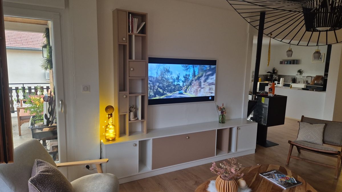 Custom TV unit and library with modular storage and shelves