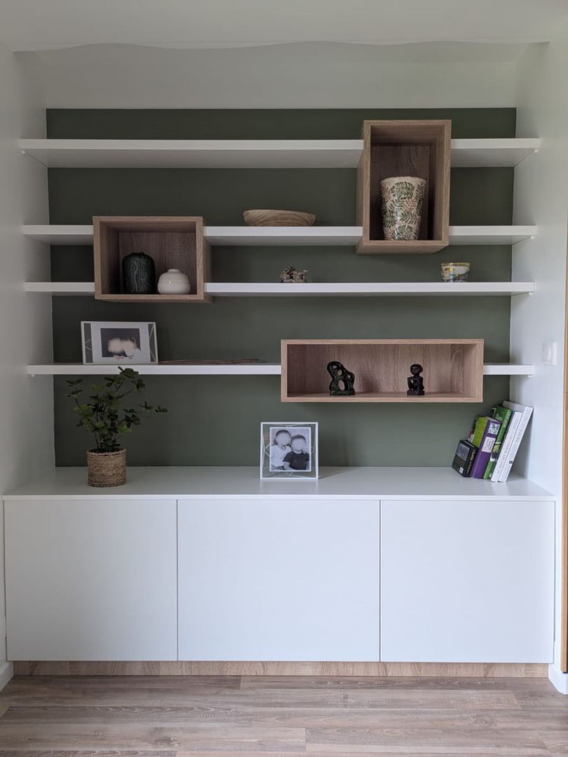 Meuble buffet avec étagères et niches en bois  - Vue 1