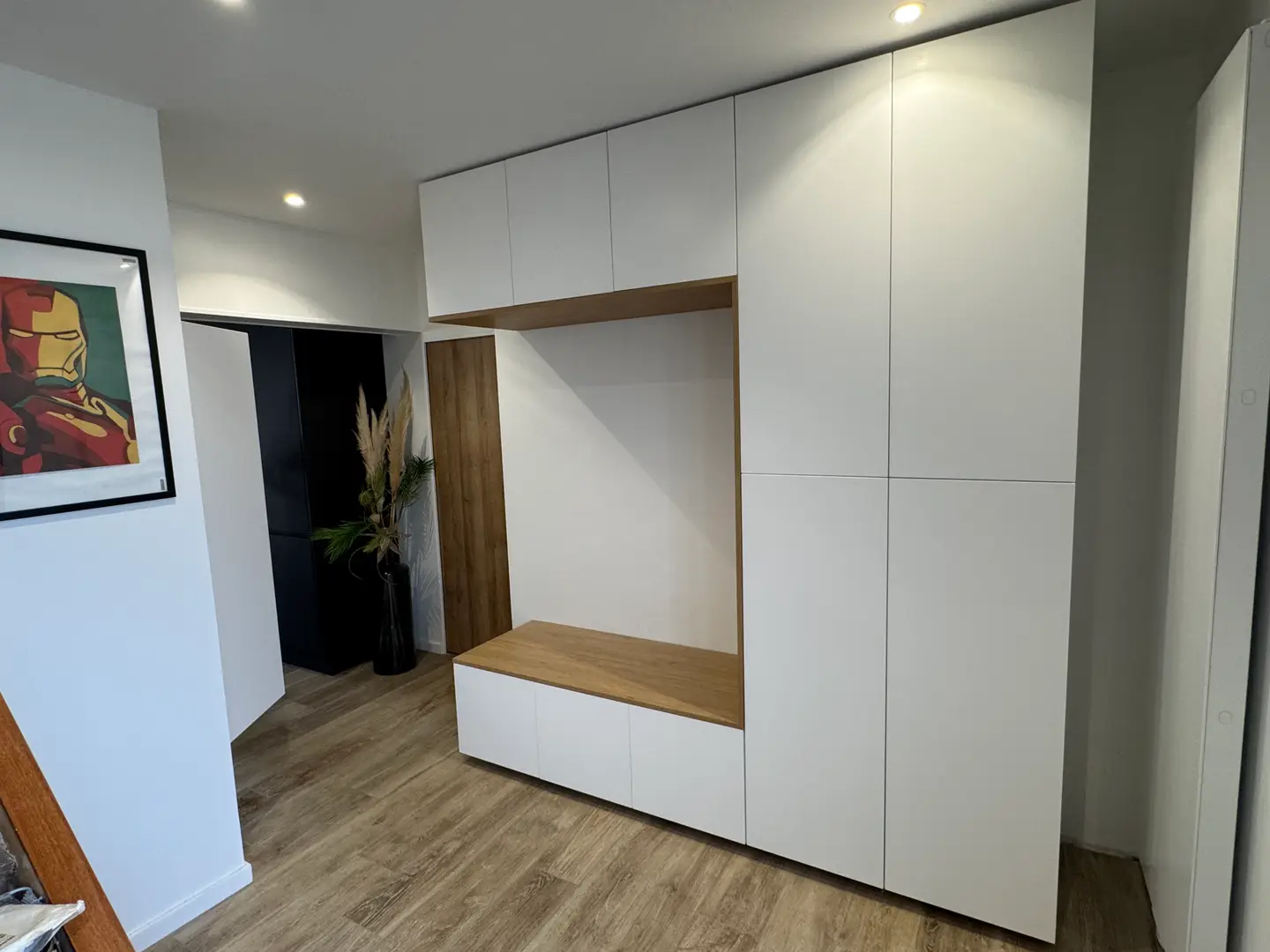 Bespoke Corner Entryway Unit with Seating and Pull-out Wardrobe
