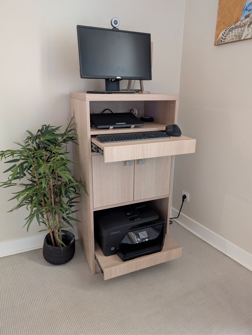 Custom standing desk with pull-out shelves