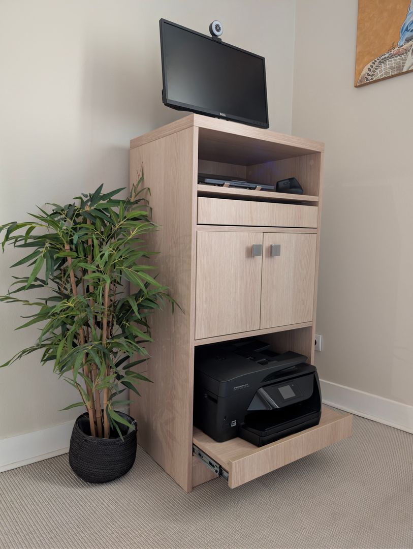 Custom standing desk with pull-out shelves - Vue 2