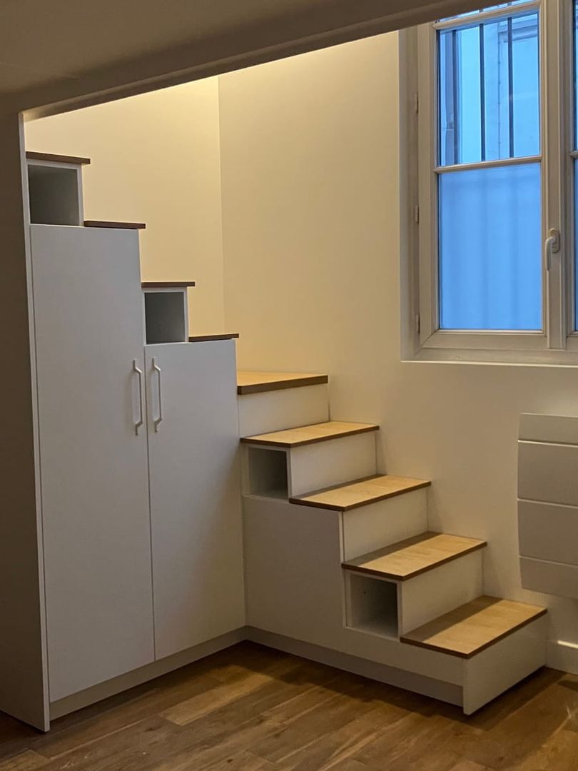 Meuble escalier quart tournant avec palier coffre